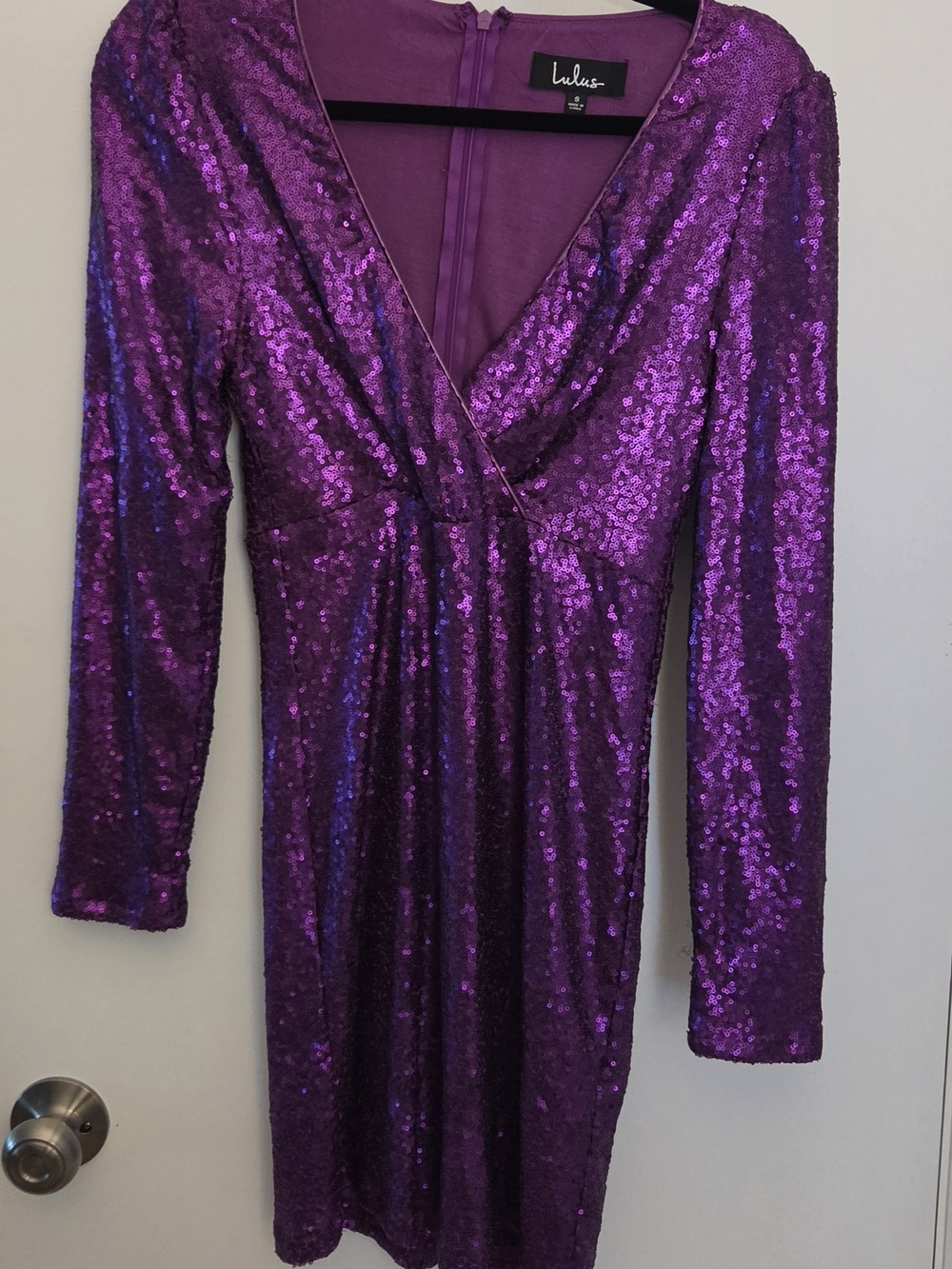 Lulu's Shimmering Magenta Sequin V-Neck Long Sleeve Dress